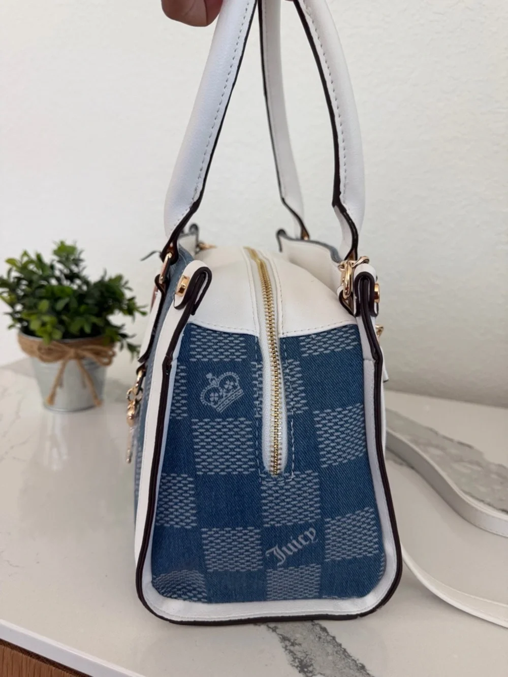 JUICY COUTURE Denim Satchel with White Trim and Gold Hardware